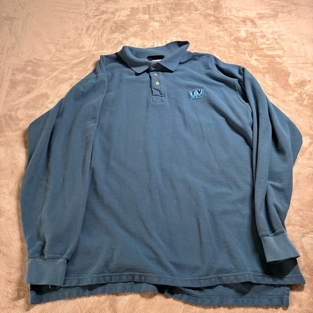 TV Land Retro Embroidered Long Sleeve Polo Slate Blue Fall Vintage Men’s XL
